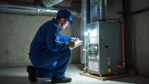 Young male technician in uniform checks furnace in basement.