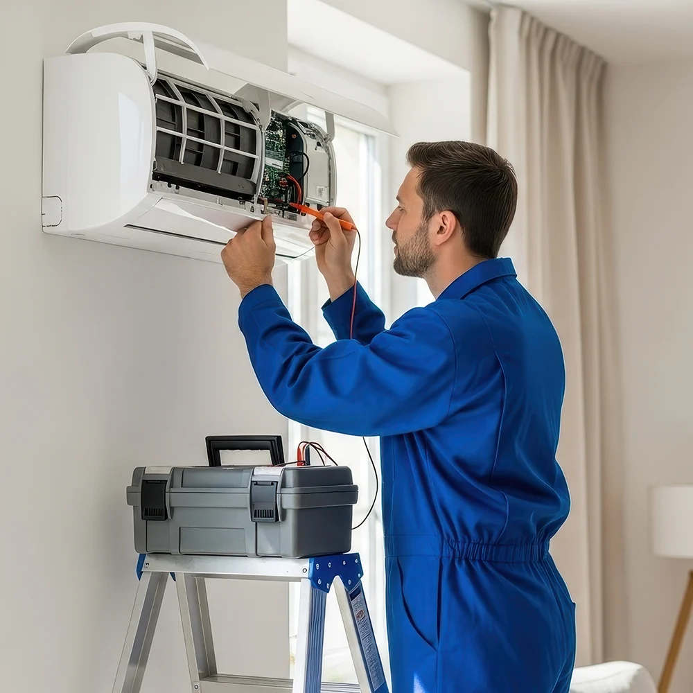 Technician performs checks on a mini-split unit