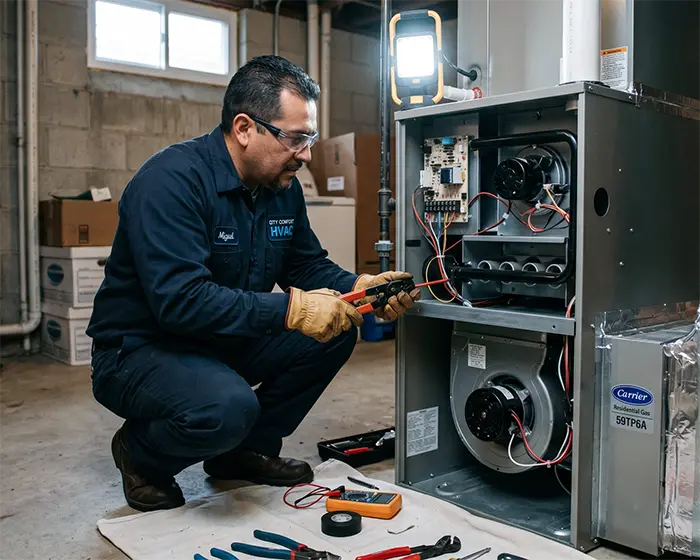 a technician installs a furnace