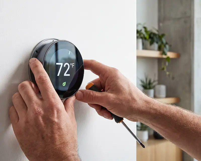 a technician installs a smart home thermostat