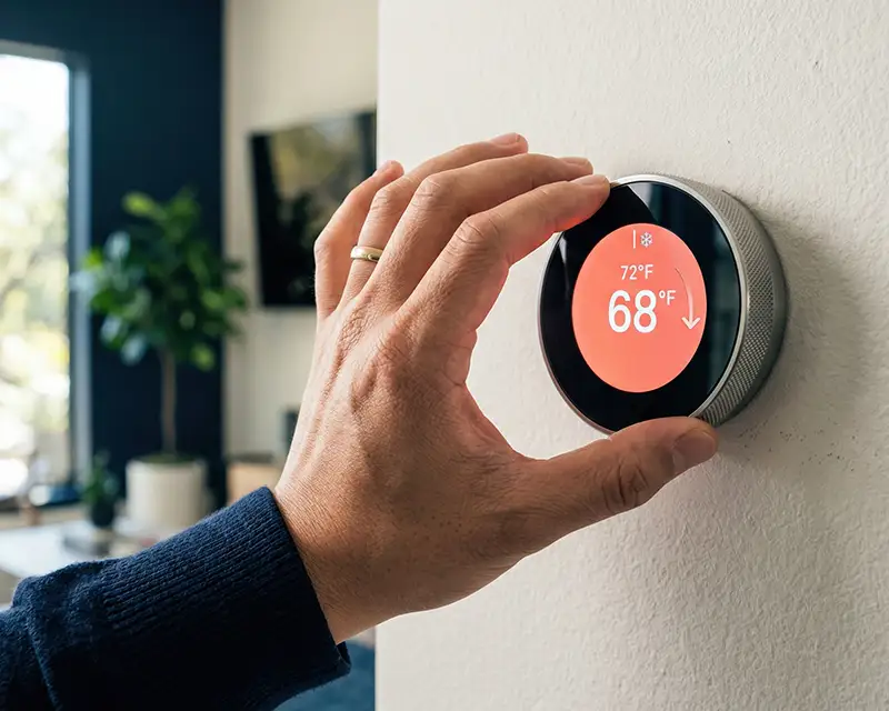 a man adjusts the temperature on a thermostat